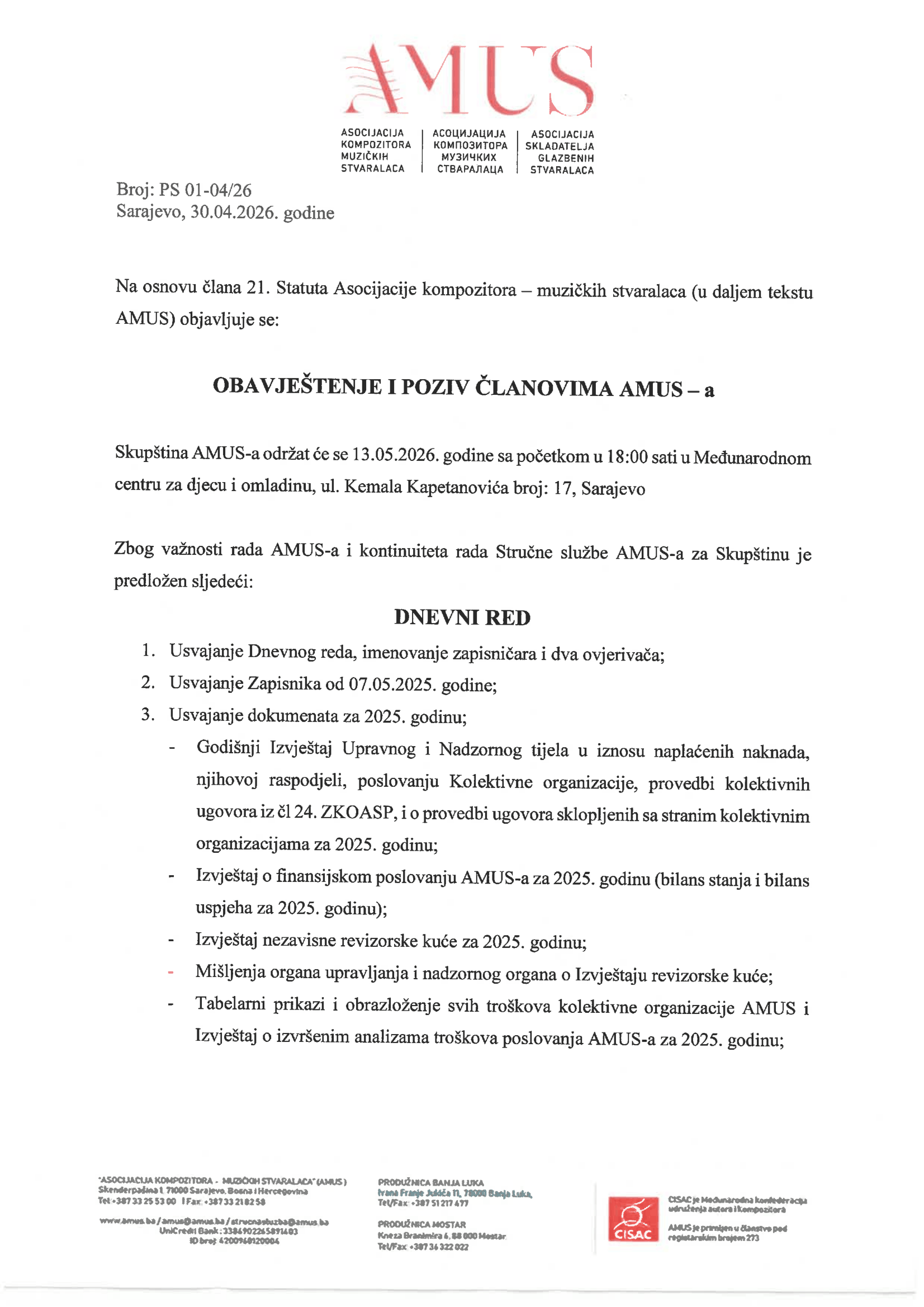 Obavještenje i poziv članovima AMUS-a
